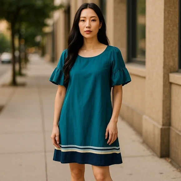 Banana Republic Silk Teal Dress with Striped Hem - Picture 2 of 7